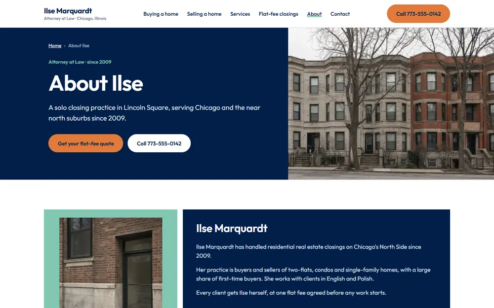 Ilse Marquardt, Attorney at Law: About page on a desktop